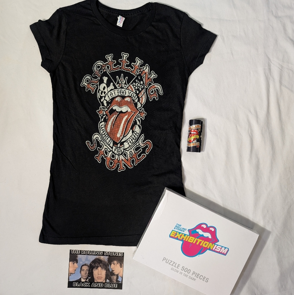 The Rolling Stones Merch Bundle- Puzzle, Tee, Lipstick Case, Postcard